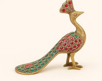 木製のカラフルな孔雀の彫刻、装飾品、木彫り、手描きの孔雀、インドの