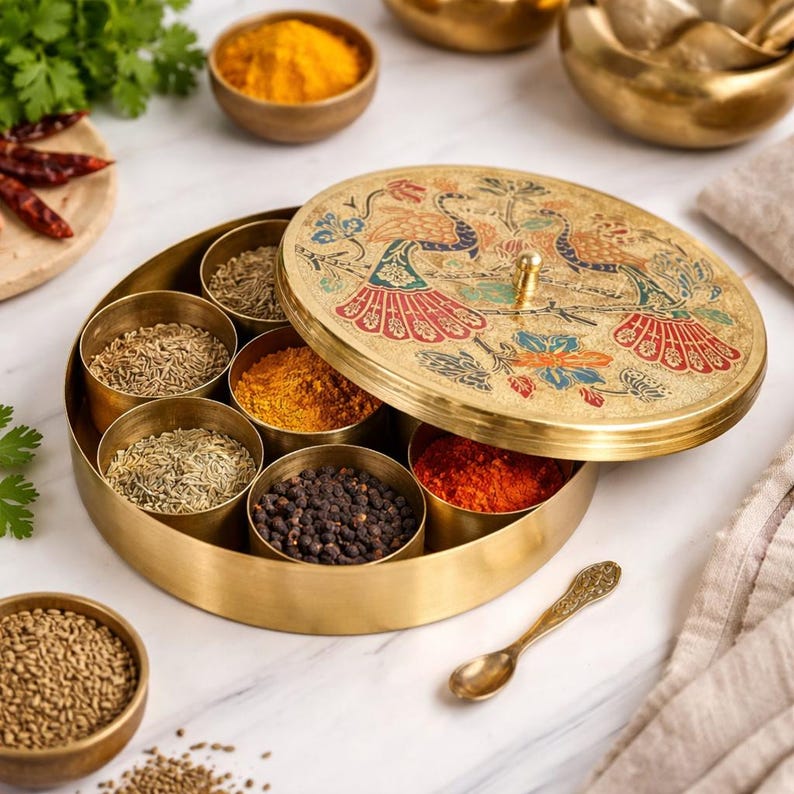May include: A gold-colored spice box with a decorative lid featuring two peacocks. The box contains several compartments filled with various spices, including turmeric, cumin, and black peppercorns. A small gold spoon rests beside the box.