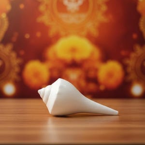 May include: A white conch shell, a type of sea snail shell, rests on a wooden surface. The shell is smooth and pearly white, with a spiraled apex and a long, tapered body. The background is a blurred mix of orange and gold.
