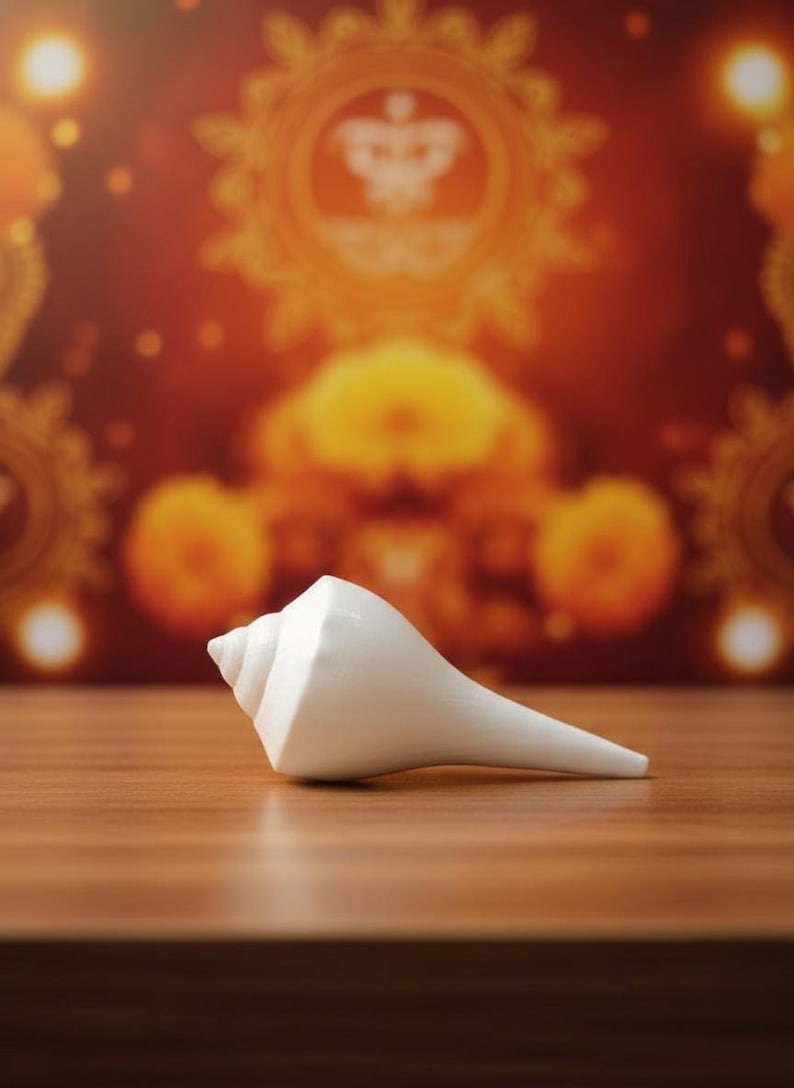 May include: A white conch shell, a type of sea snail shell, rests on a wooden surface. The shell is smooth and pearly white, with a spiraled apex and a long, tapered body. The background is a blurred mix of orange and gold.
