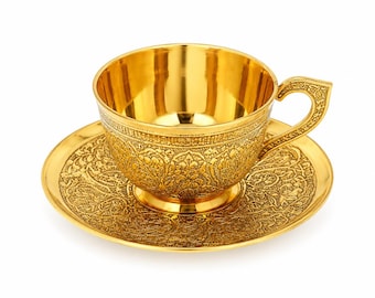 Brass Tea Cup and Saucer Set, Handmade Indian Tea Cup, Luxury Brass Drinkware, Ayurvedic Tea Mug, Wedding Gift Set