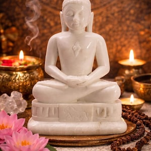 Può includere: Statua di Buddha in marmo bianco in posizione di meditazione seduta. La statua è su una base di legno, circondata da candele, fiori di loto rosa e un rosario. Il logo SoulMedicCo è in basso.