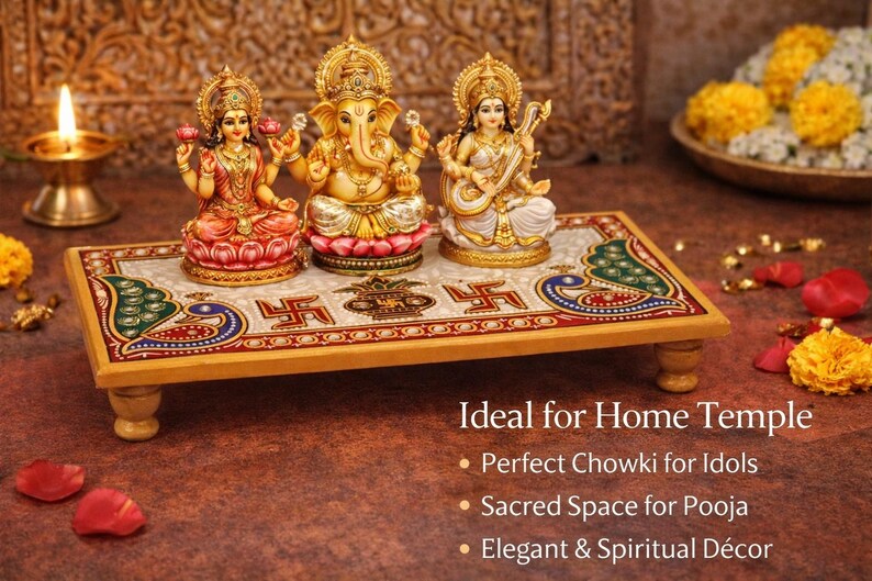 Pu&ograve; includere: Piattaforma decorativa in legno con tre statue religiose. La piattaforma ha una superficie colorata e decorata e poggia su gambe corte e arrotondate. Le statue sono di divinit&agrave; ind&ugrave;, con dettagli dorati e colorati. Una candela accesa e fiori sullo sfondo.