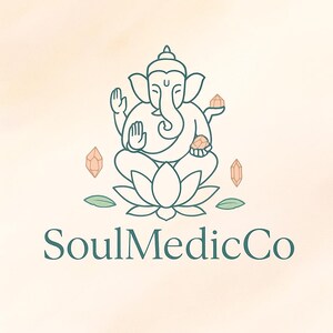 May include: A logo featuring a teal outline of the Hindu deity Ganesha seated on a lotus flower, holding crystals. The text "SoulMedicCo" is below the illustration in teal. The background is a soft, off-white color.