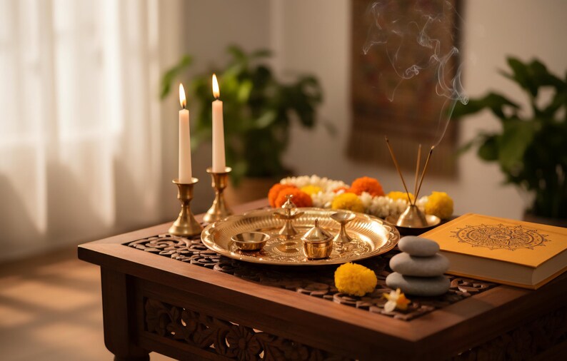 May include: A dark wooden table holds a spiritual display. Two lit candles in brass holders are next to a golden tray with small bowls and a decorative lamp. Incense sticks emit smoke, and a stack of stones and a book are also present.