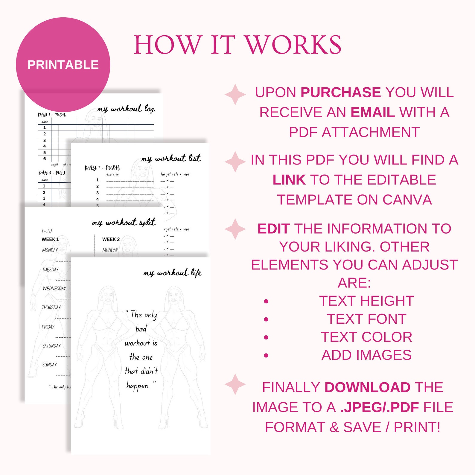 WORKOUT LOG Editable Template Split List &amp; Log Woman Bodybuilder A4 ...