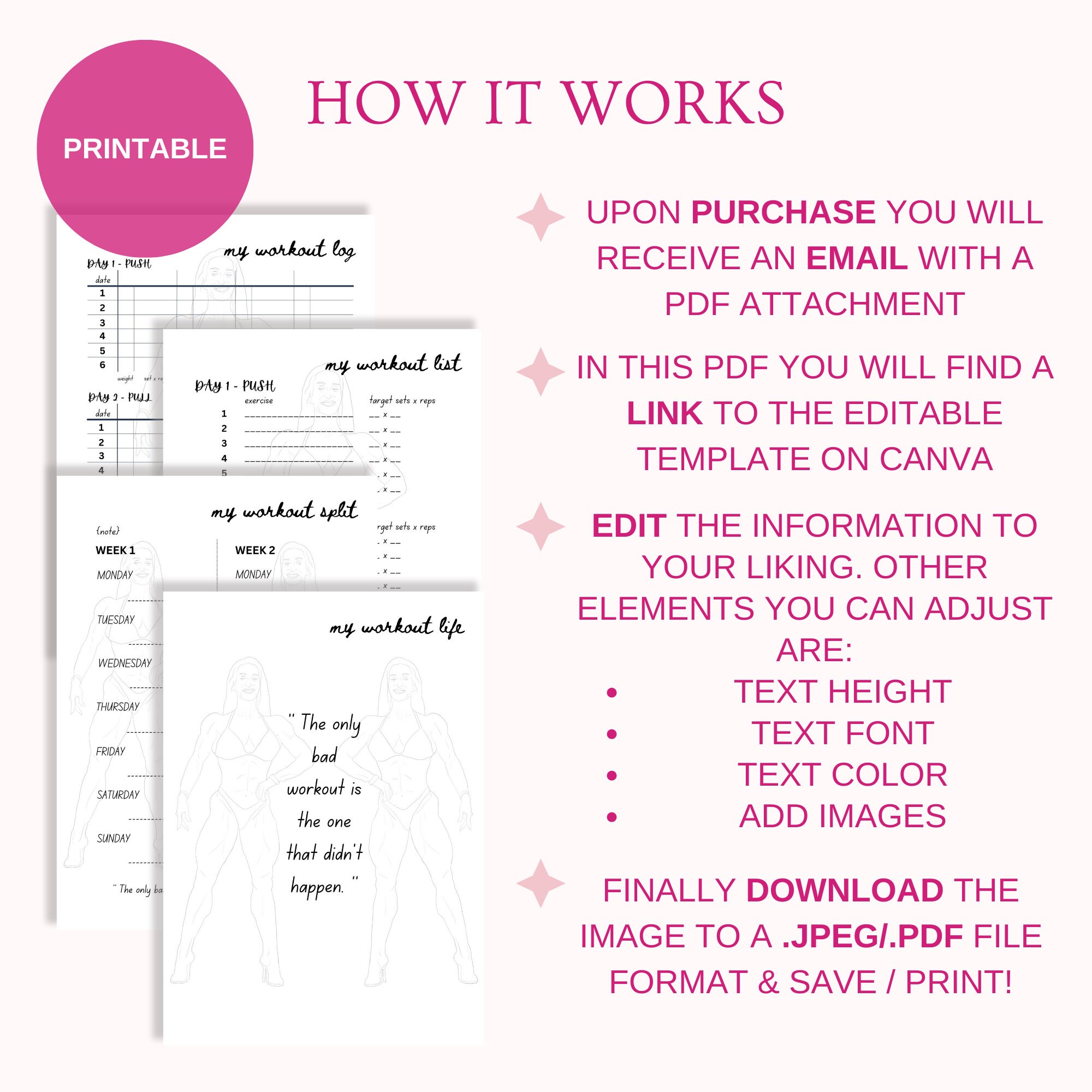 WORKOUT LOG Editable Template Split List &amp; Log Woman Bodybuilder A4 ...