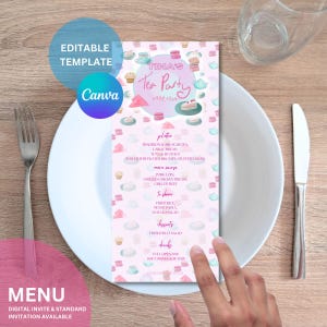 MENU TEA PARTY - Menüvorlage | Teekuchen Schnitt rosa girly Thema | Party | Geburtstag | Babyparty