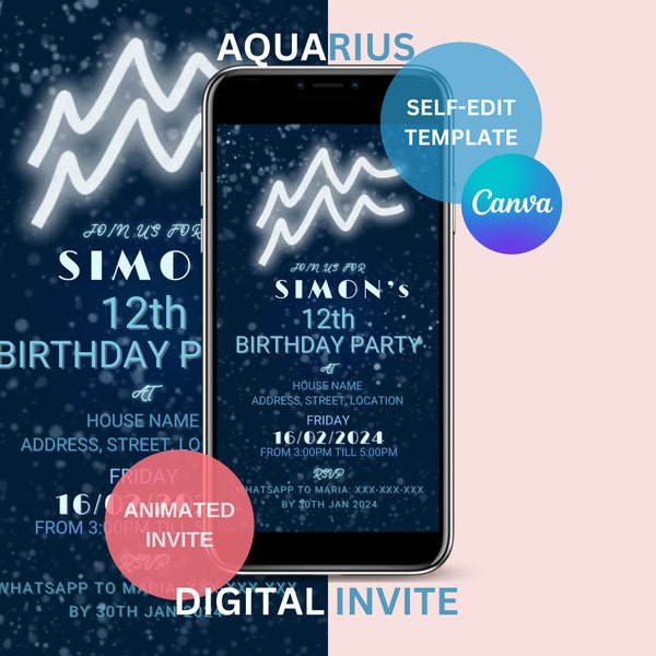 AQUARIUS BIRTHDAY Digital Invite - Invitation template | Zodiac sign theme | Boy / Girl Party | editable invite | Canva self edit template