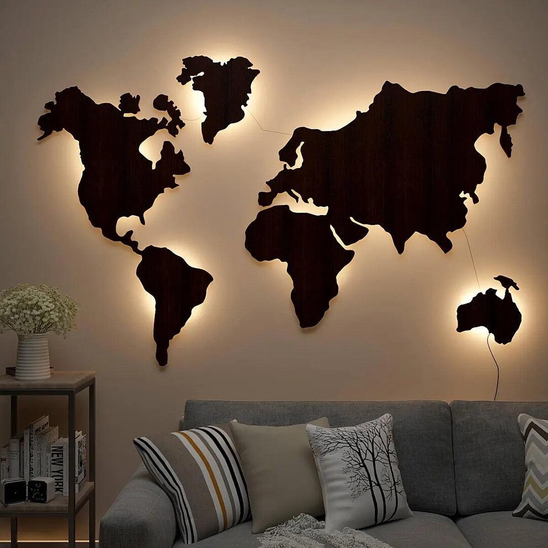Luxurious World Map Backlit Wood Wall Décor / Night Light, Walnut ...
