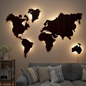 Lujosa decoración de pared con mapa del mundo retroiluminado en madera/luz de noche, acabado nogal/decoración del hogar/decoración festiva