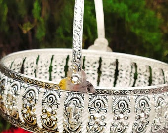 Engraved German Silver Ashtavinayak Flower Basket - Home Temple Decor