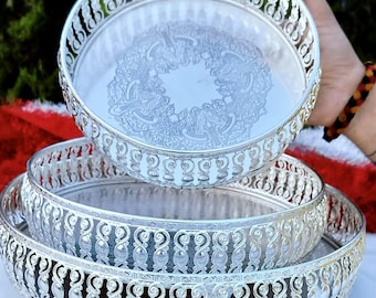 Return Gifts- Antique German silver hand engraved 3 trays with antique flower carving for special occasions gifts for wedding | housewarming