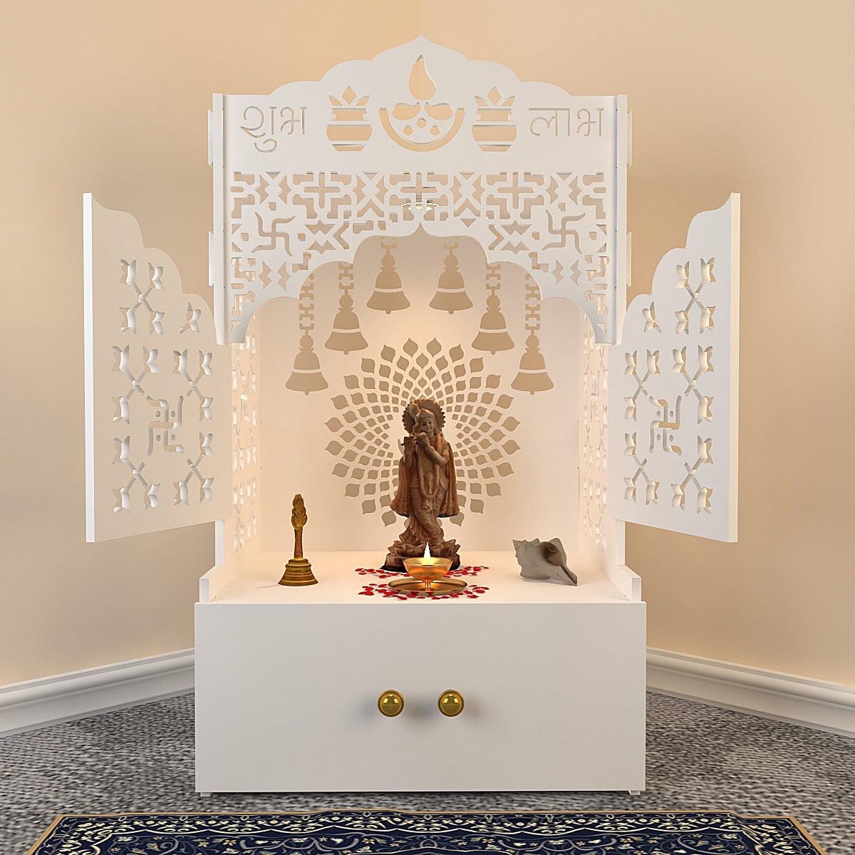 Göttlicher Holzstempel für zu Hause mit eingebauten LED-Leuchten und Regal - weiße Oberfläche | Mandir für Geschenke zu Hause und im Büro (38 '' L 22.5' W )