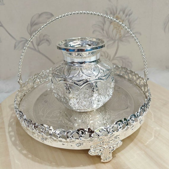 German Silver Kalasham with Flower Basket & Urli: Pooja Return Gift