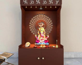 Handcrafted Wooden Home Temple: Glossy Brown Pooja Mandir with Brass Bells