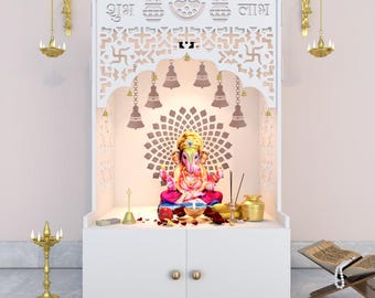 Göttlicher Holzbodentempel mit geräumiger Ablage & LED-Licht - weißes Finish | Mandir für Geschenke zu Hause und im Büro | Holzstempel für Puja Ghar
