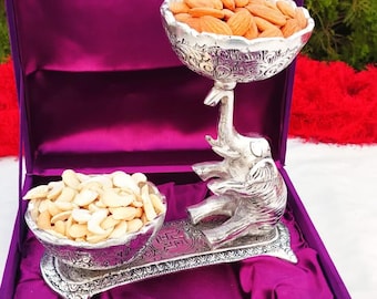 Return gifts-Antique German silver elephant double bowl set with velvet gift box pack for housewarming gifts| gifts for her| gift for mother