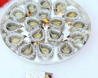 German silver 16 diya MAHALAKSHMI aarti thali set Religious Festival Plates - Decorative Traditional Feel - Return Gift Items