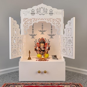Lotus Door Finish Wooden Pooja Temple for Home and Office with LED Light & Spacious Shelf- White Finish | Mandir for home and office Gifts