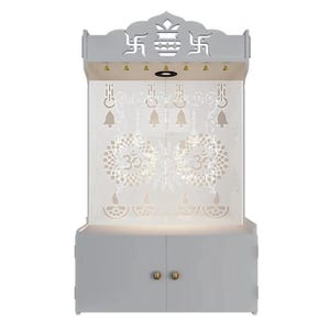 Aesthetic White Wooden Pooja Temple with Doors for Home and Office with Light & Doors Spacious Shelf- White Finish | Mandir for Home, Office
