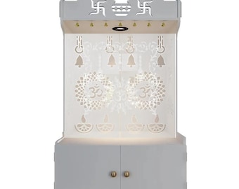 White Wooden Pooja Temple with Doors: LED Light & Bells, Home Mandir