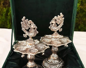 Antique German Silver Peacock Diya Pair: Handmade Kuthu Vilakku Oil Lamp