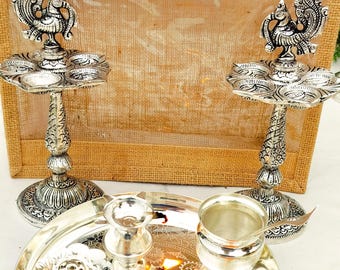 Return Gifts- German silver budget friendly Pooja set with antique peacock diya pair Decoration Traditional feel,Gifts for Her, Wedding Gift
