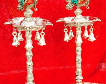 Antique German Silver Elephant Diya Pair: Stone Inlay, 20&quot; Temple Decor