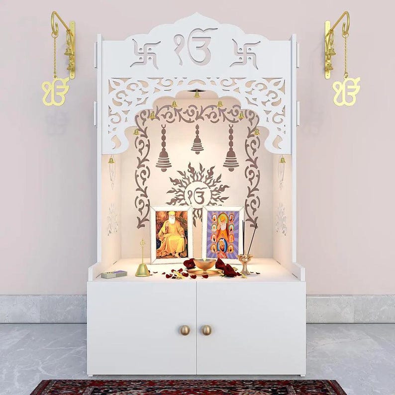 HDHMR board which we use has characteristics include High Density, High Moisture Resistance, Termite Resistance, and a ready-to-use smooth surface.      Large white wooden Hindu mandir with decorative lotus cutouts, bells, diyas and spacious prayer area