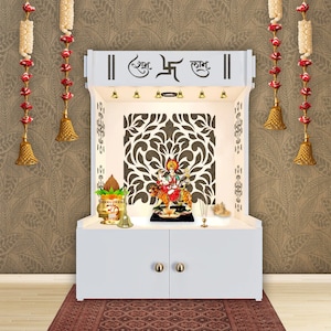 Holy Swastik Symbol of Hindu Religious white Wooden Temple with LED Light Brass Bells Wooden Shelf |Glossy Finish Mandir for Home and Office