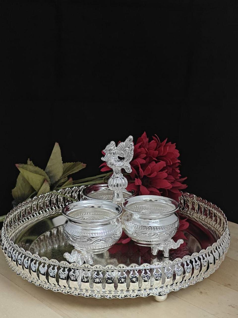 Return Gifts- German Silver Pooja Tray With 3 Bowl Set for Home