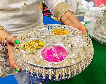 Return Gifts-German Silver 10 inches Pooja Thali set with 5 Bowls for Home temple Wedding Gift, puja thali for home decor office decor