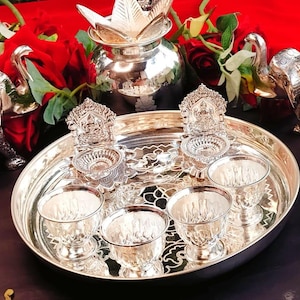Return Gifts-German Silver Pooja Thali set with Kalash bowl incense stick stand Ghanti Pooja thali for Home temple Wedding Gift, puja thali
