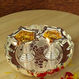 Return Gifts 6 inches pure German silver plate with Diyas for home and temple decorations  | wedding gifts