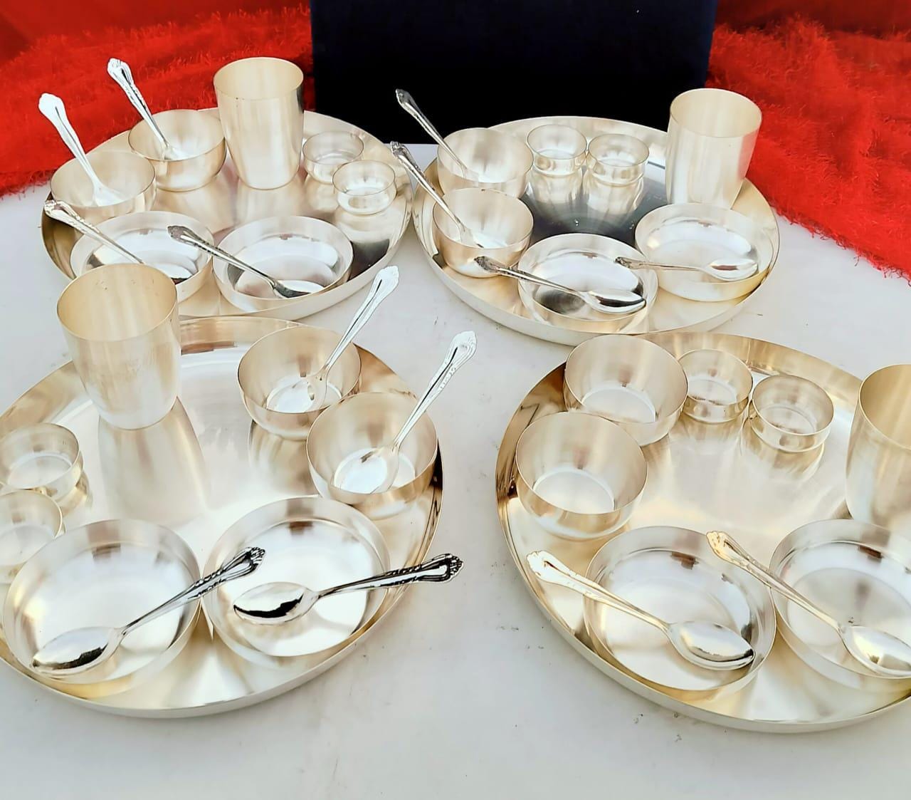 German silver pure silver finish 48 piece RAJWADI Bhojan 12 "thali dinner set wedding gifts, Housewarming Gifts Return Gifts in velvet Box