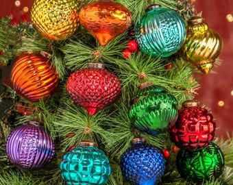 Adornos navideños vintage de vidrio multicolor - Juego de 12