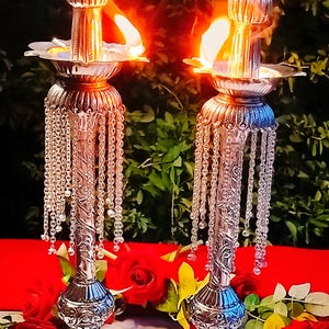 Kuthu Vilakku German Silver Oil Lamp, Long Diya Stand Traditional 24 inch Diya for Divine| Annapakshi | Kerala Diya| Housewarming Essentials