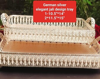 Return Gifts- Antique German silver heavy gauge elegant mesh design rectangle tray with handle for special occasions gifts for housewarming