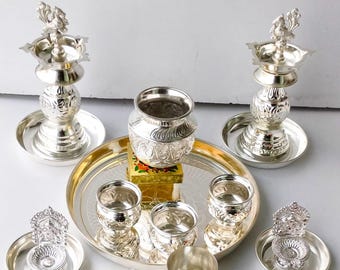 Engraved German Silver Pooja Set: Home Temple Decor