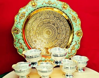 Gold Plated German Silver Tray with Bowls: Wedding Return Gift Set