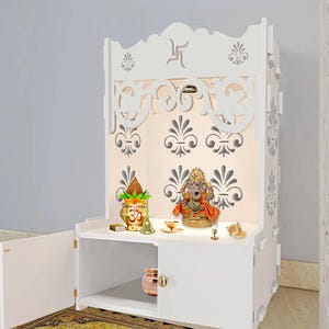 Floral Designer Pattern Floor Temple  Temple with Spacious Shelf & LED Light- White Finish | Mandir for Home and Office gifts | Wooden Templ