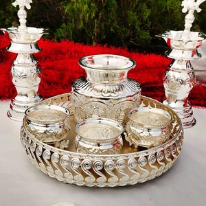 Return Gifts-German Silver complete Laxmi Pooja Thali set with Kalash bowl incense stick stand Ghanti Pooja thali for Home temple