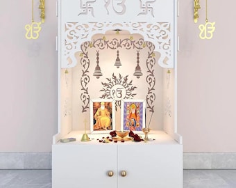 Ek-Onkar Holz Mandir für Zuhause mit LED-Licht, Messingglocken & geräumiger Ablage | Weiß Finish Pooja Mandir | Tempel für Geschenke zu Hause und im Büro