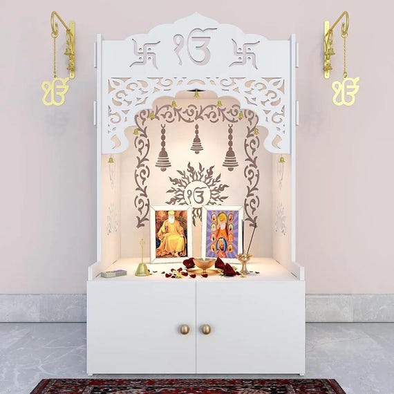 Ek-Onkar Home Temple: White Wooden Mandir with LED & Brass Bells