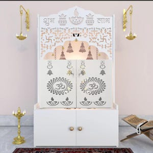 Ek-Onkar Home Temple with LED Light & Spacious Wooden Shelf and Doors- White Finish | Gurudwara sahib | Mandir for home and office Gifts
