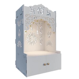 Material: 12 MM thick High Density High Moisture Resistance Board (HDHMR) with Glossy Melamine Finish.
Package Content: 9 wooden panels of Temple, Brass Bells & a packet of safety rubbers, Screws, J hooks for Brass Bells