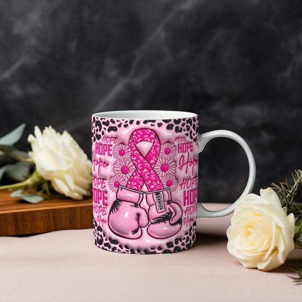 3D-Becher mit aufgeblasenem Brustkrebs-Motiv und Boxhandschuhen, rosa Tasse zur Aufklärung über Brustkrebs, Kampf für eine Heilung, rosa Leopard