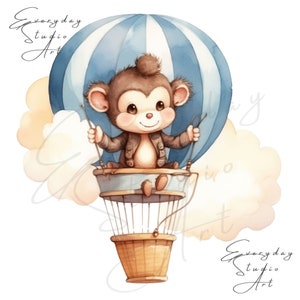 Clipart acquerello scimmia carina, pacchetto clipart mongolfiera per il primo compleanno, clipart baby shower, uso commerciale, clipart compleanno animale