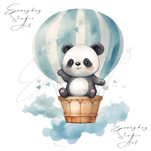 Clipart acquerello Panda carino, pacchetto clipart mongolfiera per il primo compleanno, clipart baby shower, uso commerciale, clipart compleanno animale